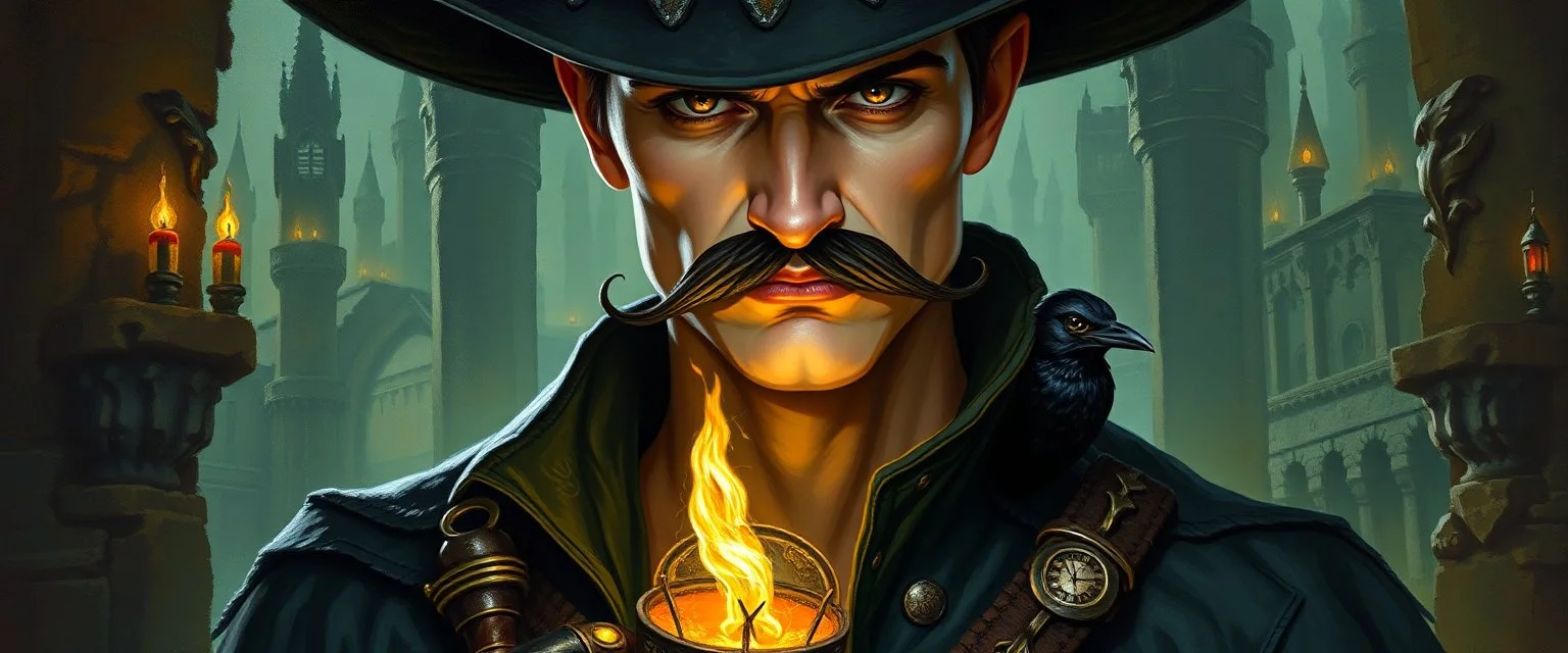 Artemis Entreri, oil paint and airbrush, upper body portrait of clever crow vintage mustache assassin thief quickling juggler man with Damascus steel sacrificial poison pouch in then elven magical green city of Forgotten Realms, myth drannor