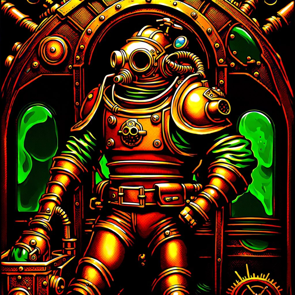 90's TCG art retro scifi art of a steampunk diver with big armor