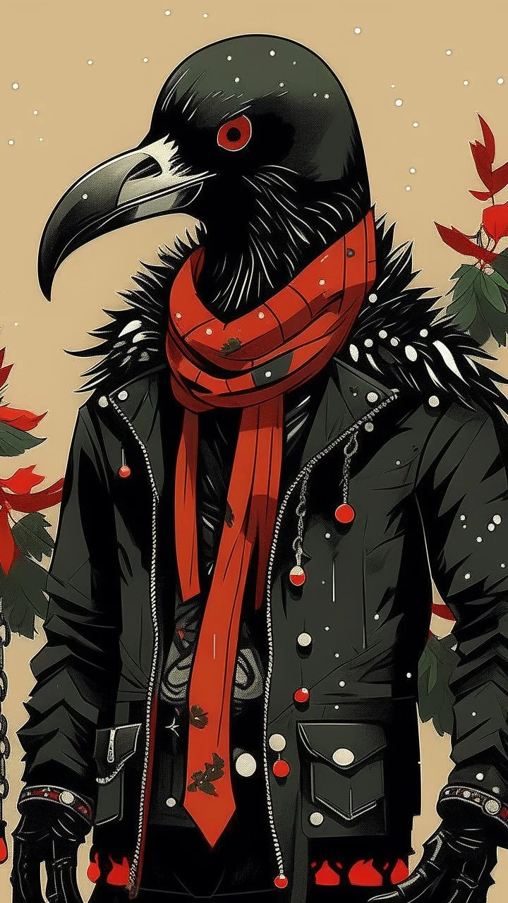 An illustration by Matisse of a human-like crow with a punk leather jacket within a Christmas atmosphere.