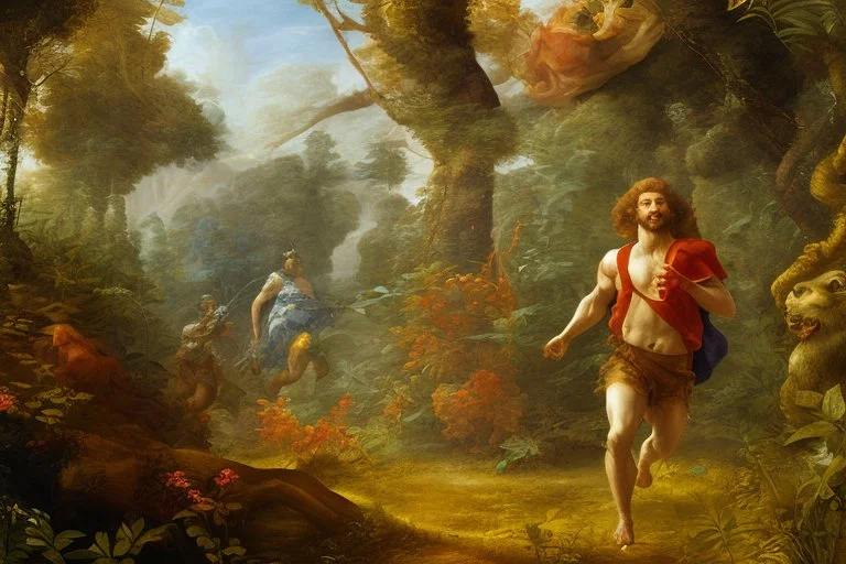 man running in colorful jungle by andrea del sarto