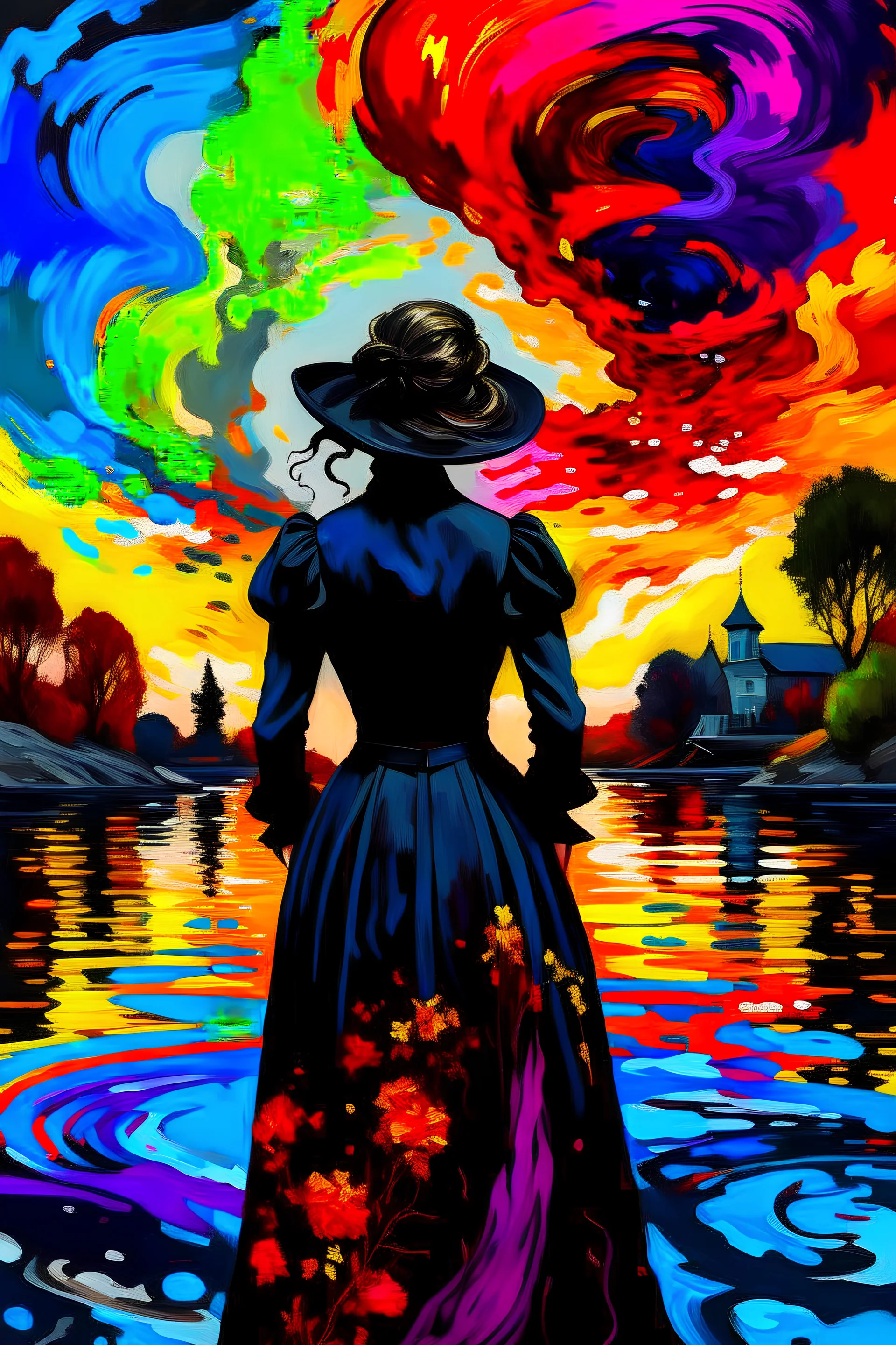 a painting of (from behind, a Victorian woman dressed in black) on a lake, with an explosion of colors around her, bold lines, matte painting, digital illustration, acrylic on canvas, brushstrokes, detailed, high quality