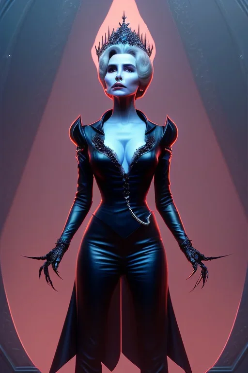 Constance Langdon as evil queen in black leather, leather, busty, cleavage, angry, stern look. character design by cory loftis, fenghua zhong, ryohei hase, ismail inceoglu and ruan jia. unreal engine 5, artistic lighting, highly detailed, photorealistic, fantasy