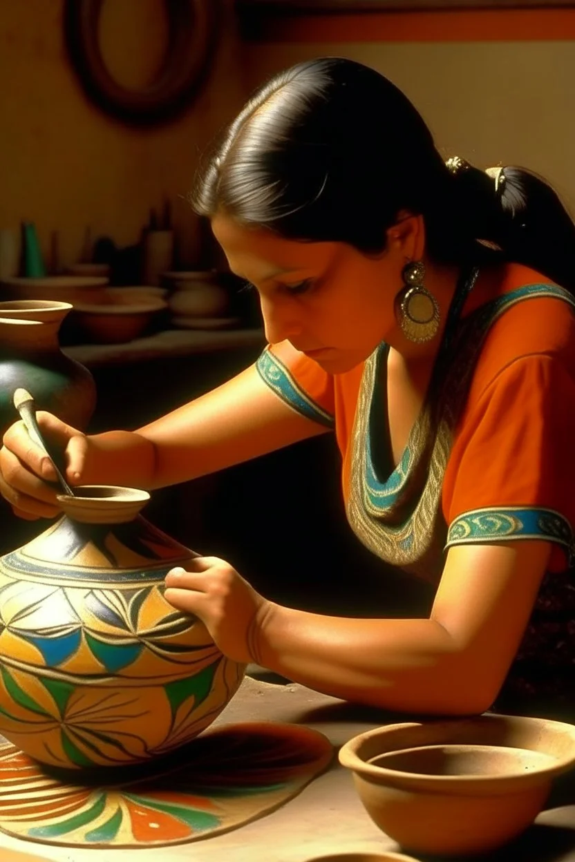 mexican woman making pottery painting neoclassism whole body zoom the sun young