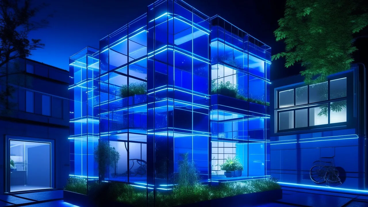 Cubic structure of steel and deep blue tinted glass, modular living spaces suspended inside, indigo light cascades through ceiling windows, residents going about their daily lives in multifunctional environments, vertical gardens illuminated with blue light, eco-futuristic style