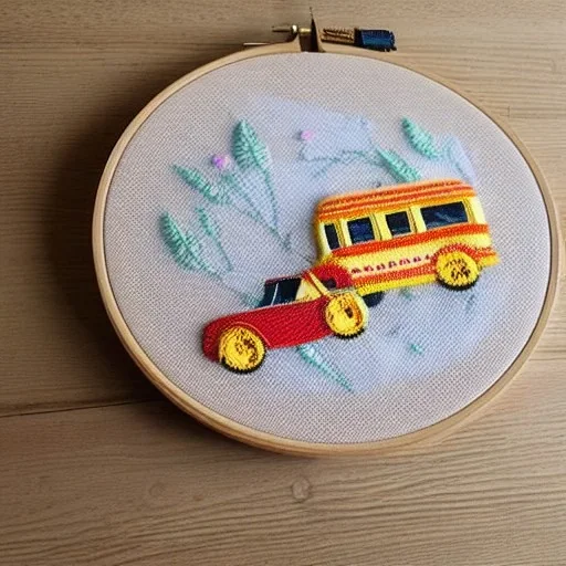 exquisite whimsical school bus in embroidery hoop, intricate, highly detailed, linen and wood backdrop