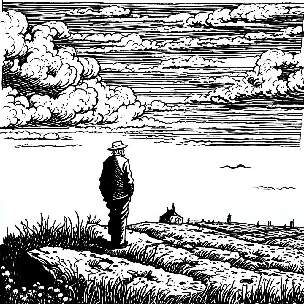 a alone man. pen and ink, birds eye view, illustrated by hergé, Background space and earth