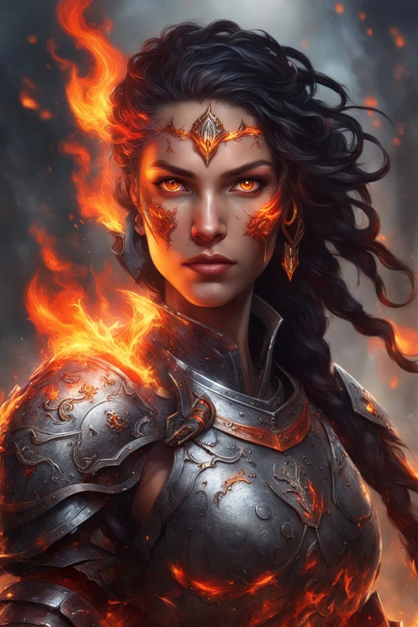 Visualize a commanding female Paladin Druid with bright red eyes effortlessly conjuring flames. Picture her black, half-braided hair seeming ablaze, surrounded by the glow of magical embers. Clad in lightweight armor, she relies on fire and magic, a scar on her face telling tales of battles on her tanned skin, embodying strength and elemental mastery.