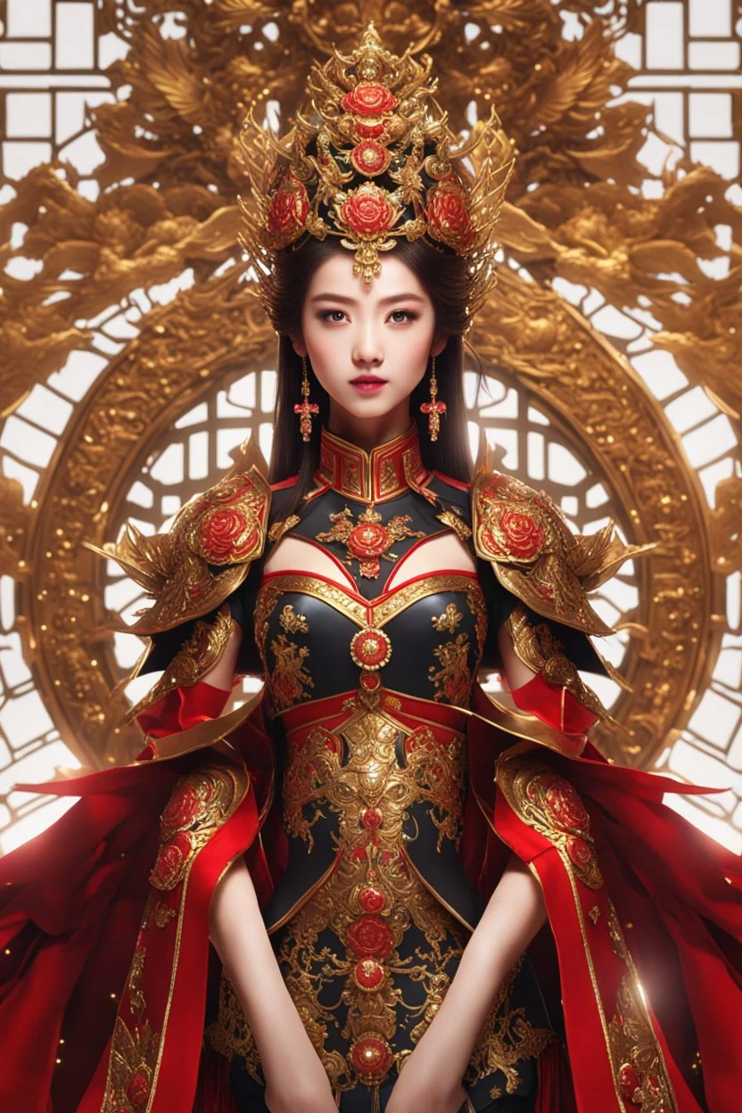 Realistic photography,front_view, Beautiful Queen fairy super model Chinese Woman, brown hair,dressing luxury party gown,looking at viewer,traditional dress ornaments mechanical armor china traditional, intricate armor, delicate golden shine bright, black metalic parts, detailed part, jewelry diamonds,dynamic pose,abstrac background, dynamic lighting, red hour, full body portrait