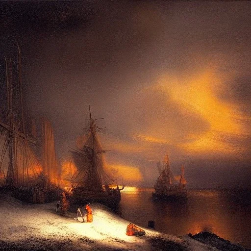 Rembrandt, Snowstorm, glowing lights, ocean, robot