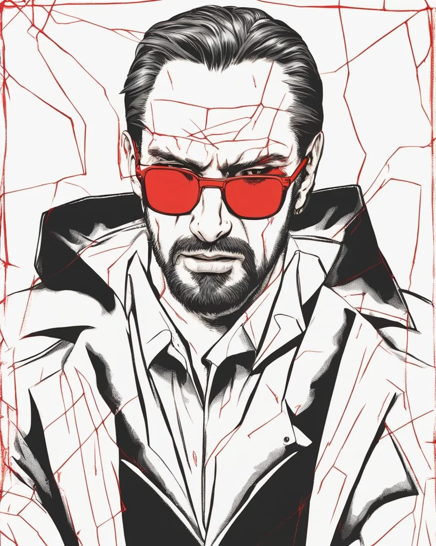 a young man with big muscles who looks like hans gruber wearing a heavy coat and red sunglasses staring with an irritated look on his face