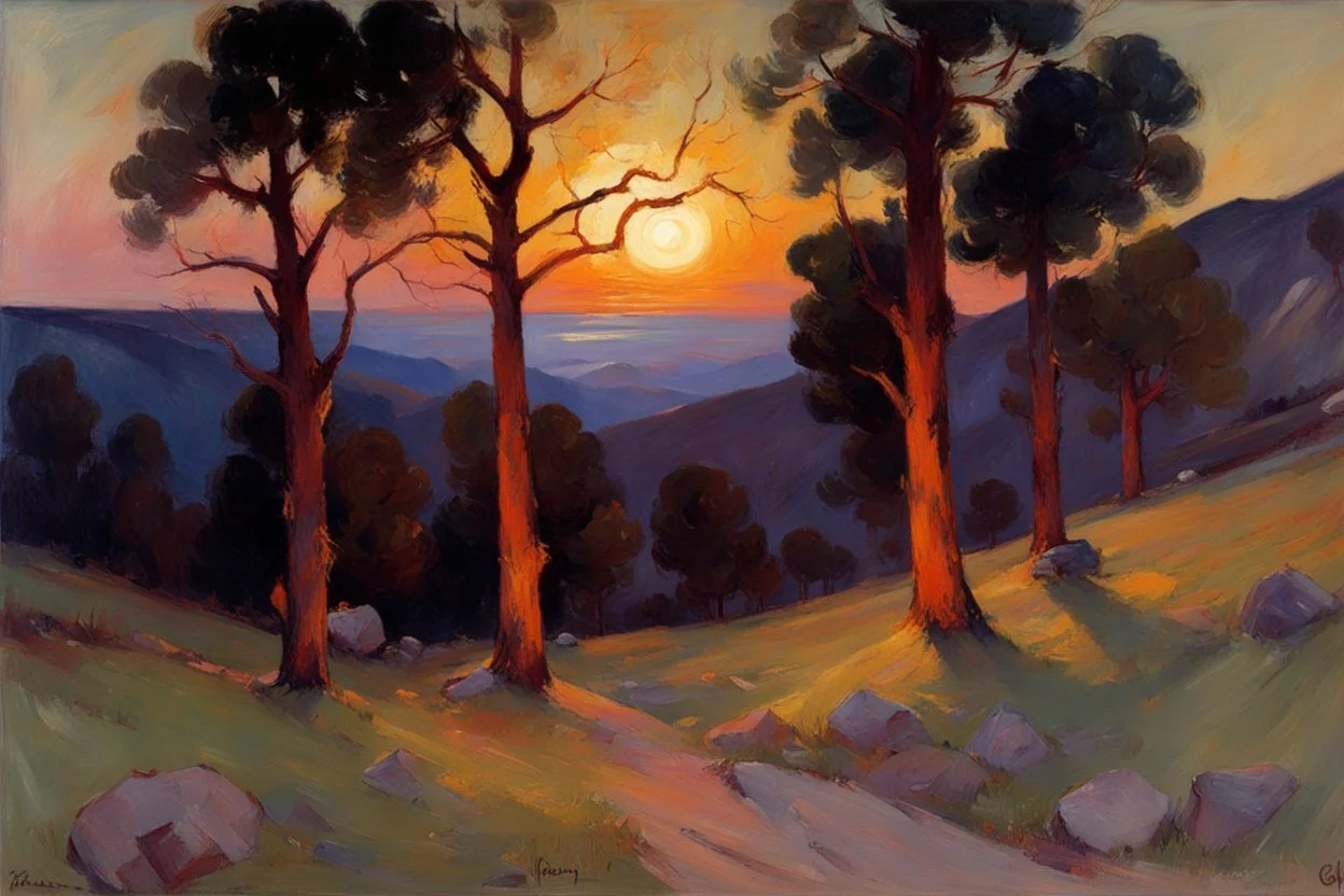 Night, trees, mountains, rocks, wilfrid de glehn and otto pippel impressionism paintings