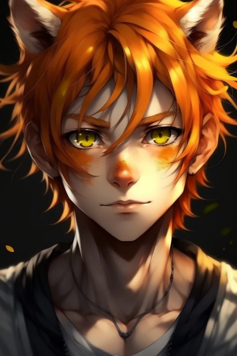 A young adult male human, cat ears, orange messy hair anime realistic tiger stripes