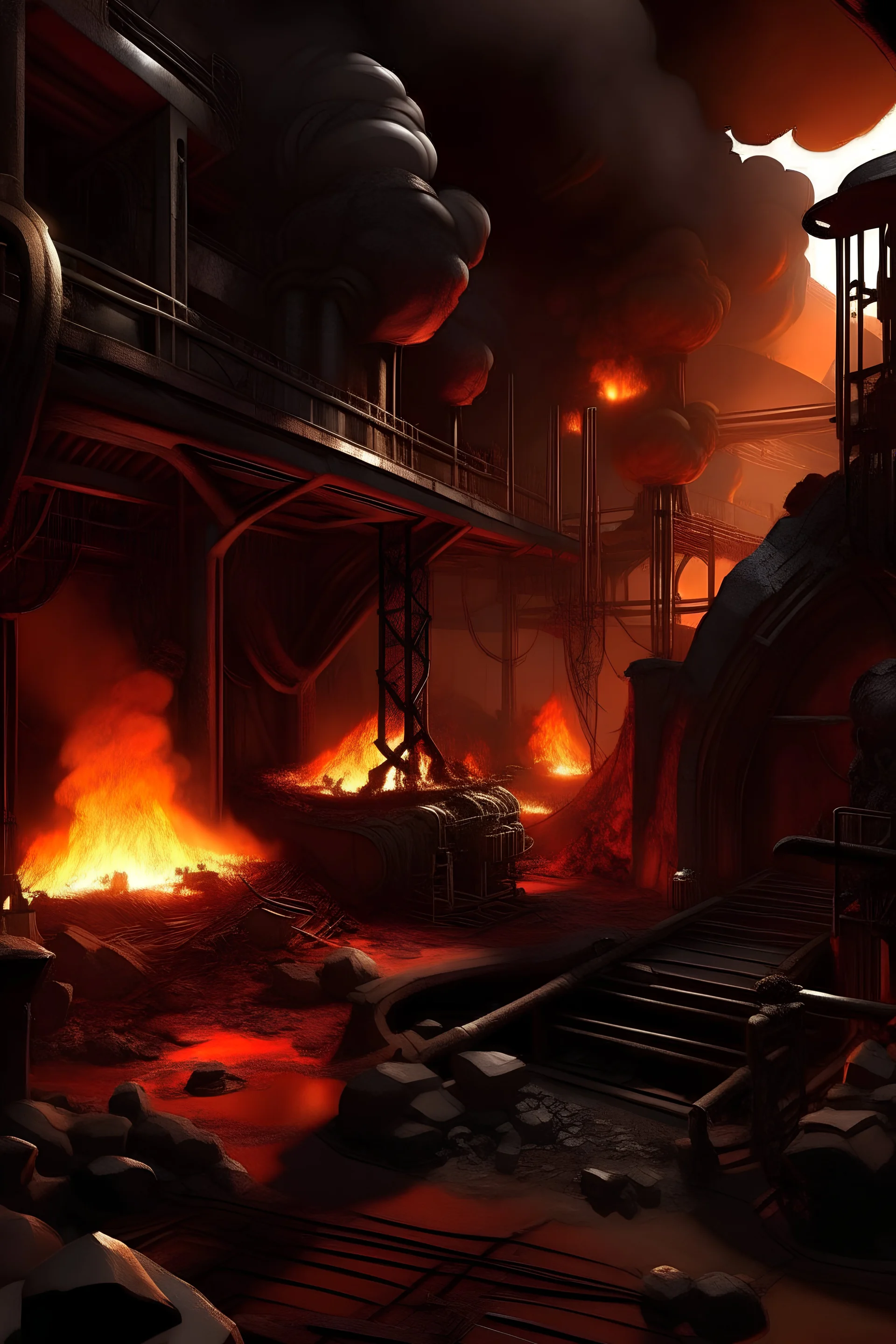 iron factory in hell, lava, pipes, smoke, messy, crucible