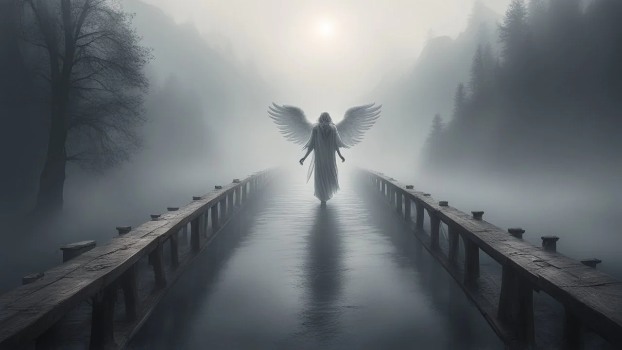 walking straight across the bridge, holding the angel of death's hand, entering the fog that leads to the afterlife, a stream from the mountains flows from the right and left sides, realistic