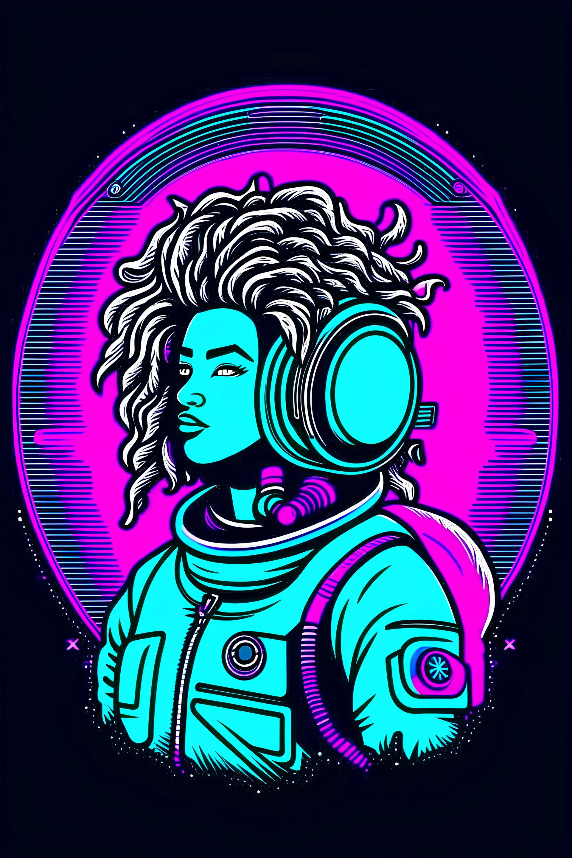 A dreadlock shop logo with an astronaut in a retrowave theme