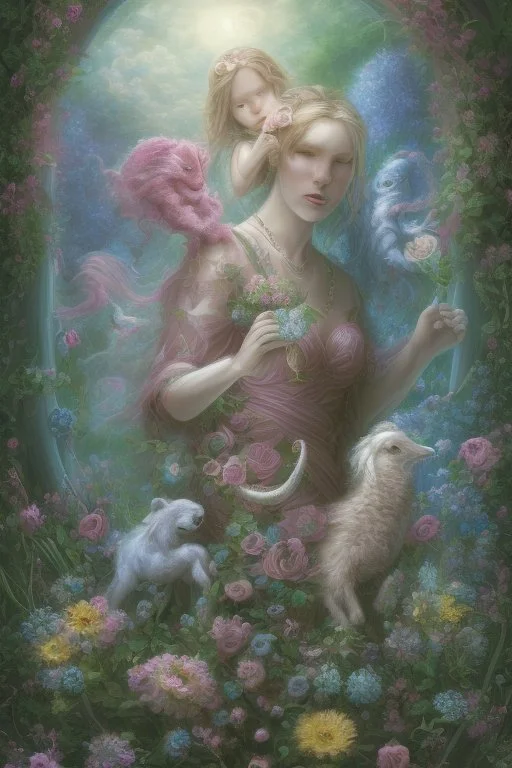 Octodream of flower meadowv with9 child girl sleeping and a unicorn