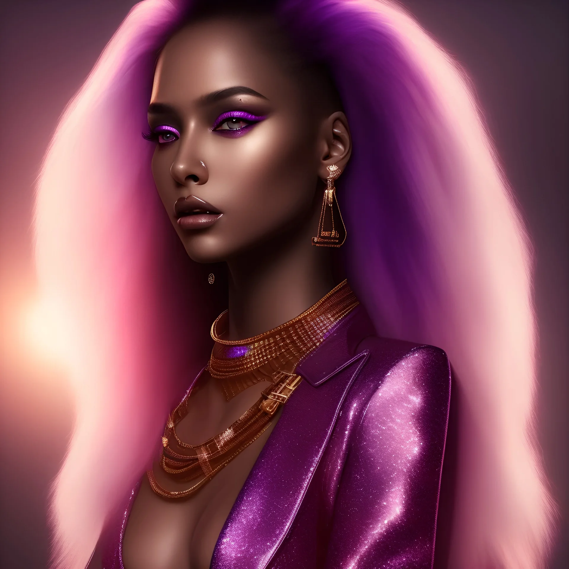 full body shot, masterpiece, best quality, black skinned, sparkling eyes, fluorescent skin,purple-dark makeup, gangsta style , highly detailed body, sun light, 4K, RAW, depth of field, high contrast, realistic details, 24mm