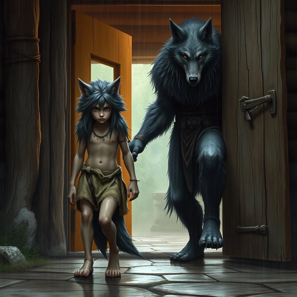 fantasy digital art of a very sad young anthro wolf kicked out of the house, she have wolf face gray hairy wolf body and wears just a short canvas rag around her waist , she have sadly face , rain , behind she an tall angry anthro wolf man in dark gray body hairy kicks she out the door with his foot, behind in rustic halb open door in an massive wooden house, rainy day, detailed, fantasy mood