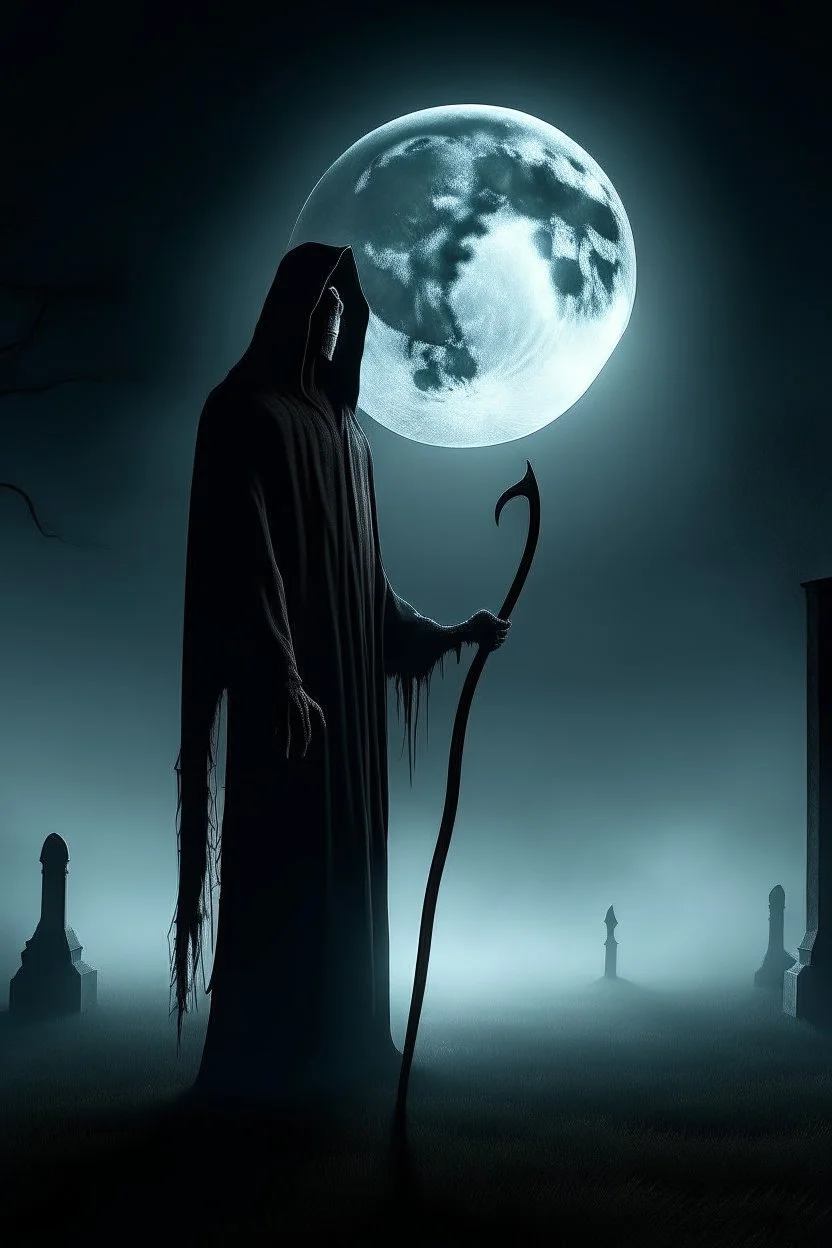 mysterious, hooded figure with a scythe, standing in a misty graveyard under a full moon. The figure should be shrouded in darkness, with only the eerie glow of their eyes and the blade of the scythe visible.