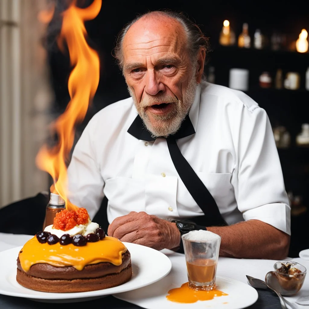 Charles Bukowski participate au meilleur pâtissier 2020, his cigarette in the mouth and a bottle of rhum for his dessert un épais flaming baba au rhum in fire
