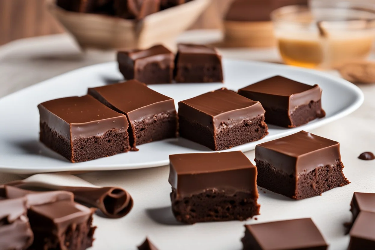 Rich and delicious chocolate square pieces piled high on a table, close-up view of a stack of square chocolate pieces, possibly truffle brownies or chocolate bars, piled on top of each other on a table. The chocolate appears to be melty and tempting, ready to be enjoyed.