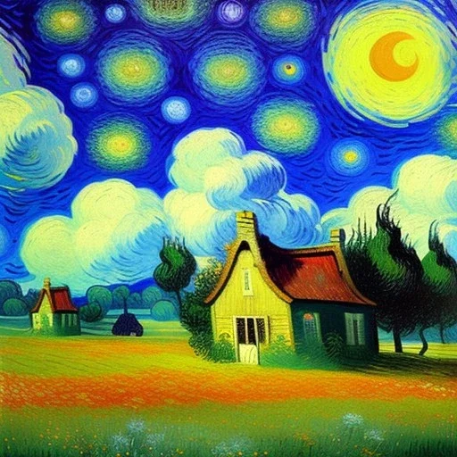 Dibujo al oleo de una pradera con una casa y un León con muchas nubes de colores estilo Vincent van Gogh