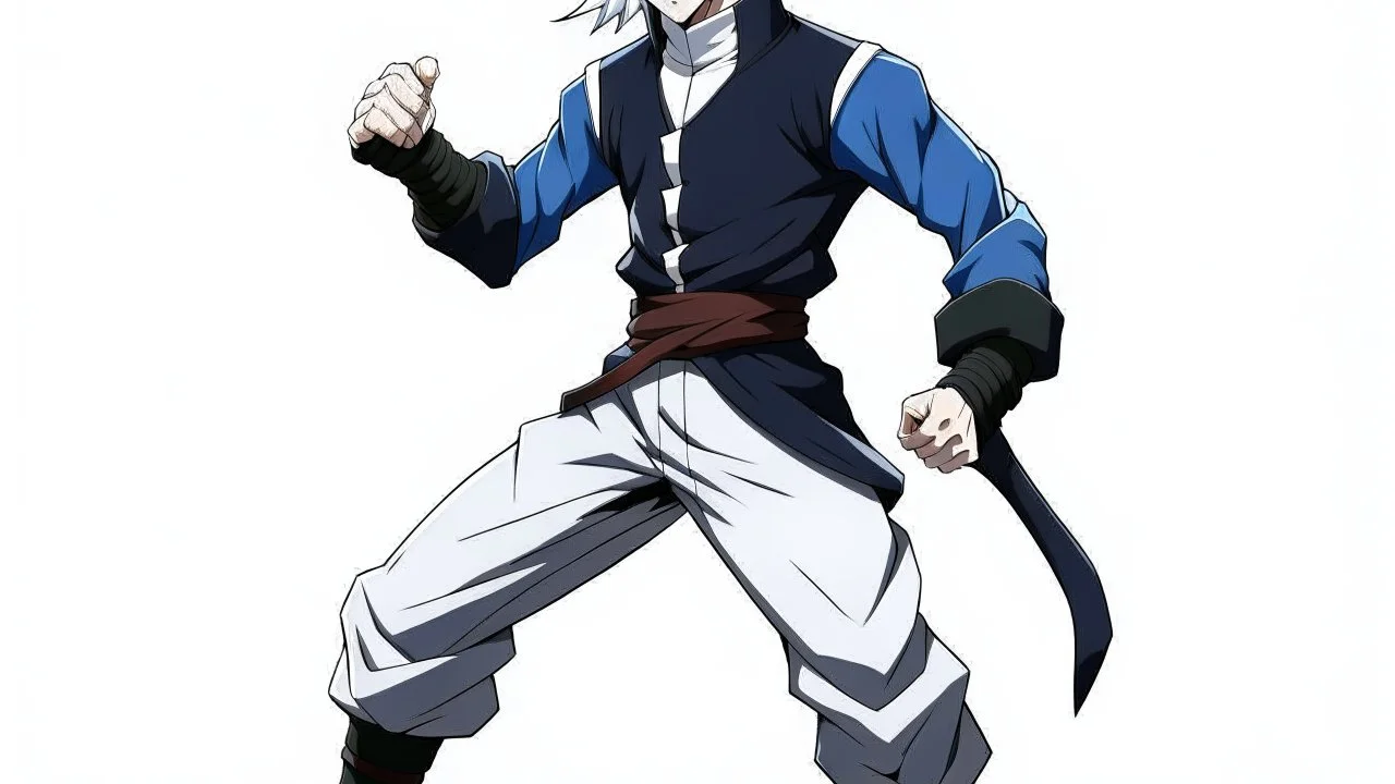 Satoru Gojo is a young tough guy white hair blue eyes black turtleneck without arms white loose pants in a defensive pose