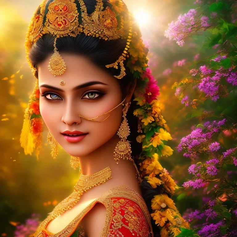 bright indian fairy, beautiful portrait, flowery landscape, light, sun