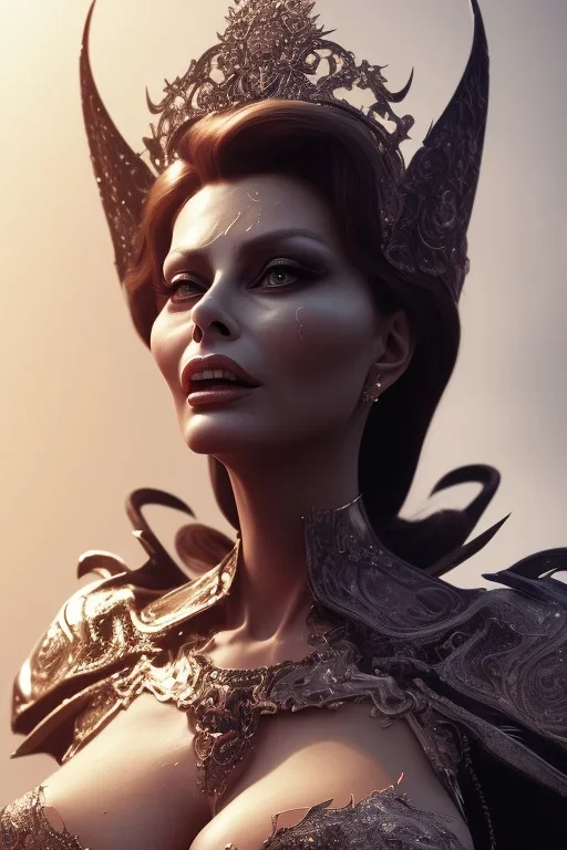 Sophia Loren as evil queen in black leather, cleavage, angry, stern look. character design by cory loftis, fenghua zhong, ryohei hase, ismail inceoglu and ruan jia. unreal engine 5, artistic lighting, highly detailed, photorealistic, fantasy