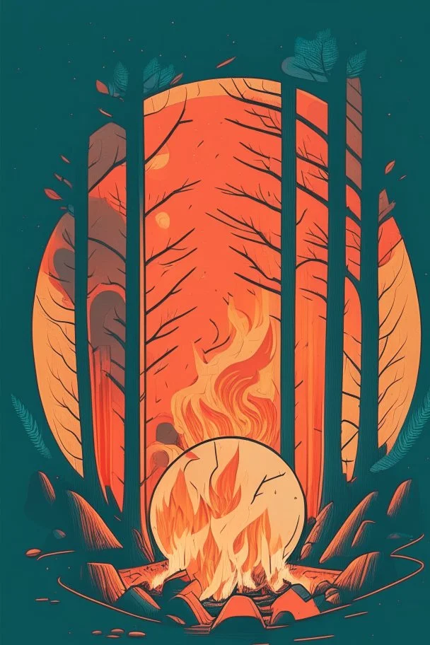 perfect round ball burning in a bonfire inside a forest, 2D flat illustration style, monoline, 3 colors max