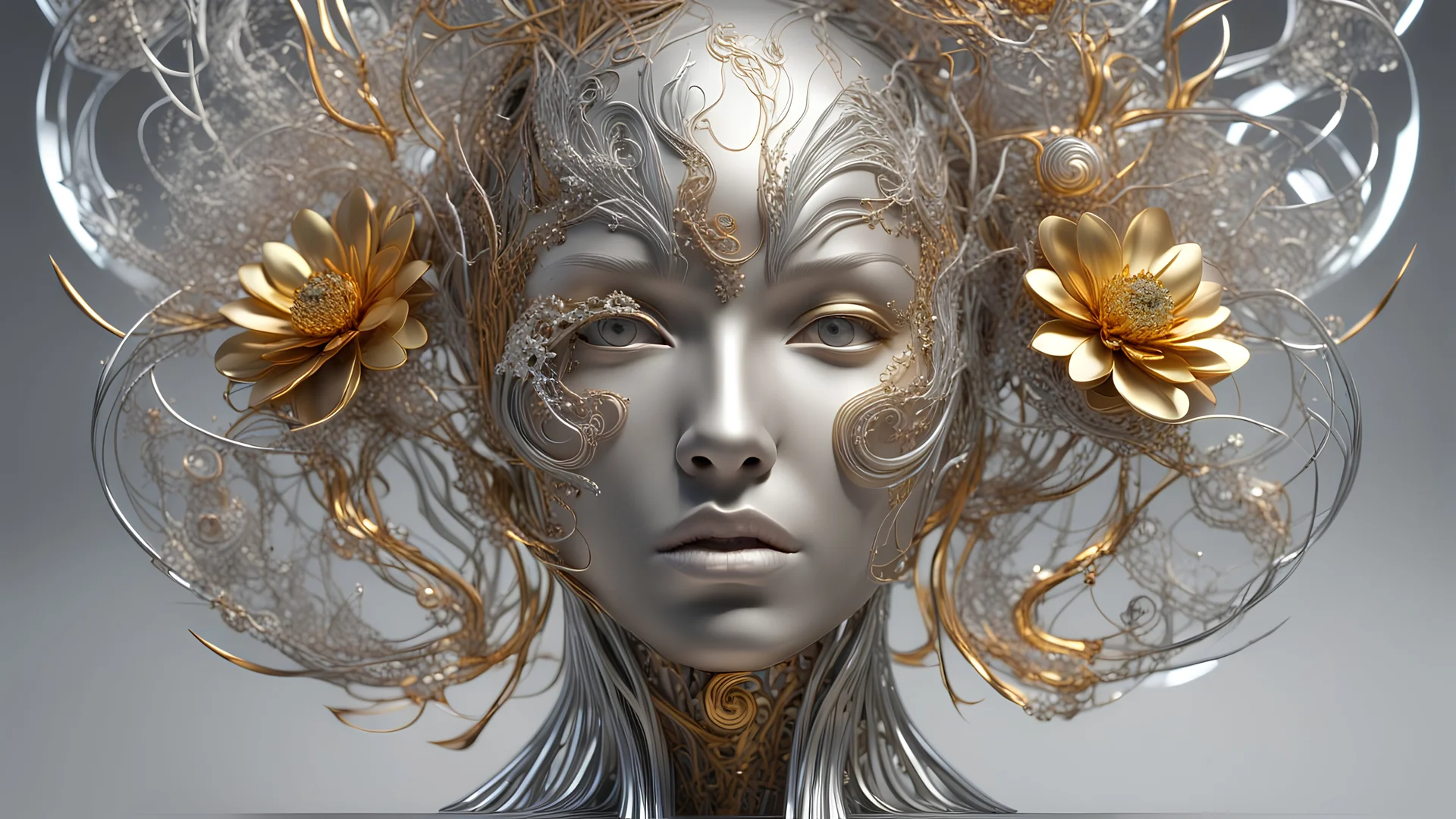 figure of a woman, art from the "art of control" collection by Jasper Harvey, in the style of futuristic optics, silver and gold, flower, bird, plant branches, detailed facial features, swirling vortices, 8k 3d, bizarre cyborgs made of crystals, high detail, high resolution, 8K