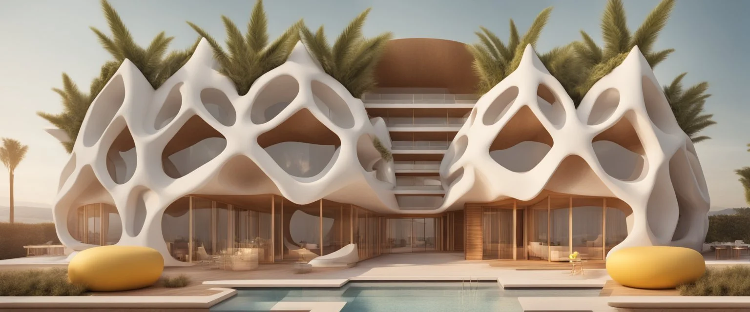 A tourist resort in the shape of a pineapple, interior design, facade