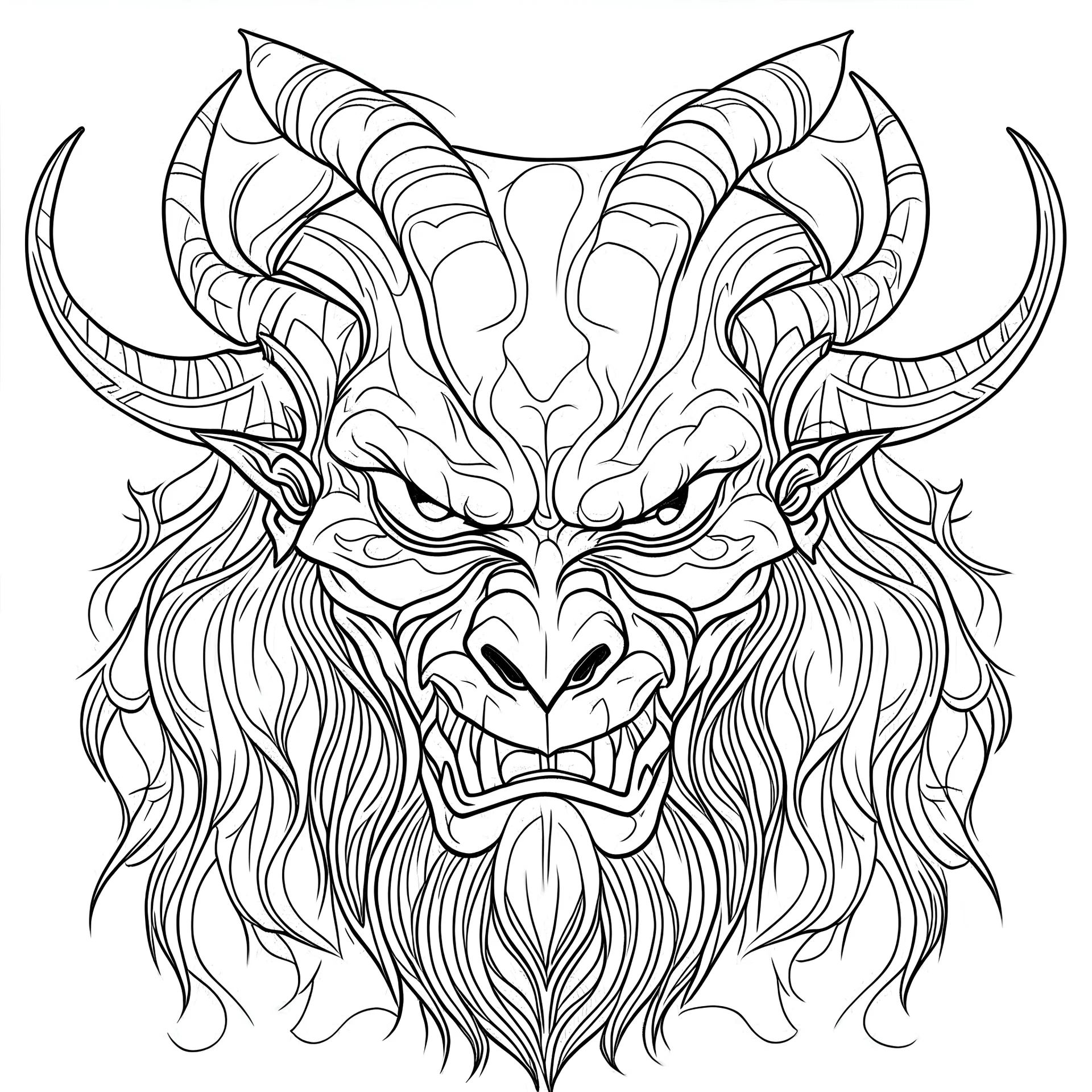 outline art for square krampus mask portrait coloring page for kids, classic manga style, anime style, realistic modern cartoon style, white background, sketch style, only use outline, clean line art, no shadows, clear and well outlined