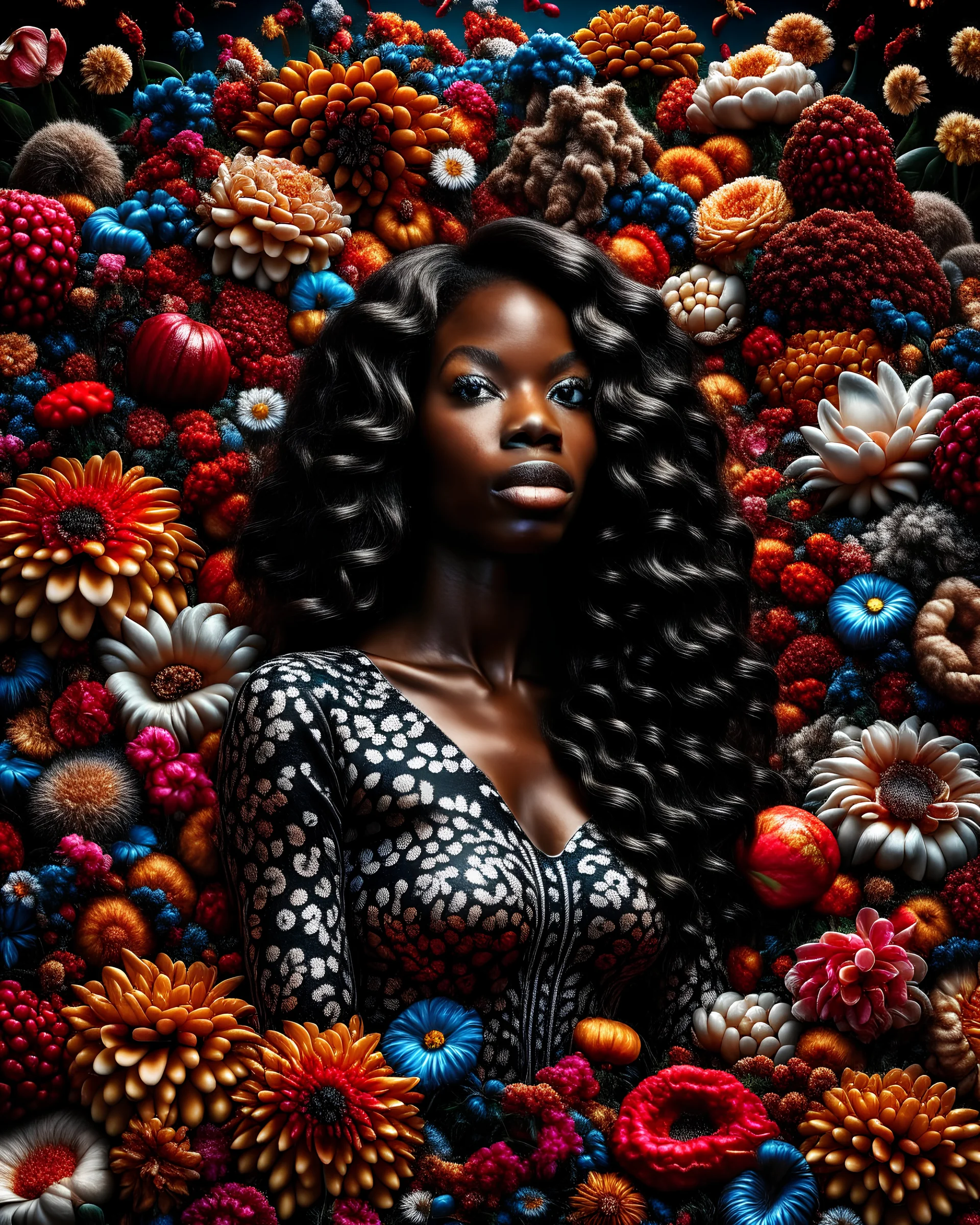 masterpiece, a beautiful ebony female with long hair surrounded by flowers, hyper realism, 8k, ultra detailed, photorealistic, ultra realistic, volumetric lighting, vibrant colors
