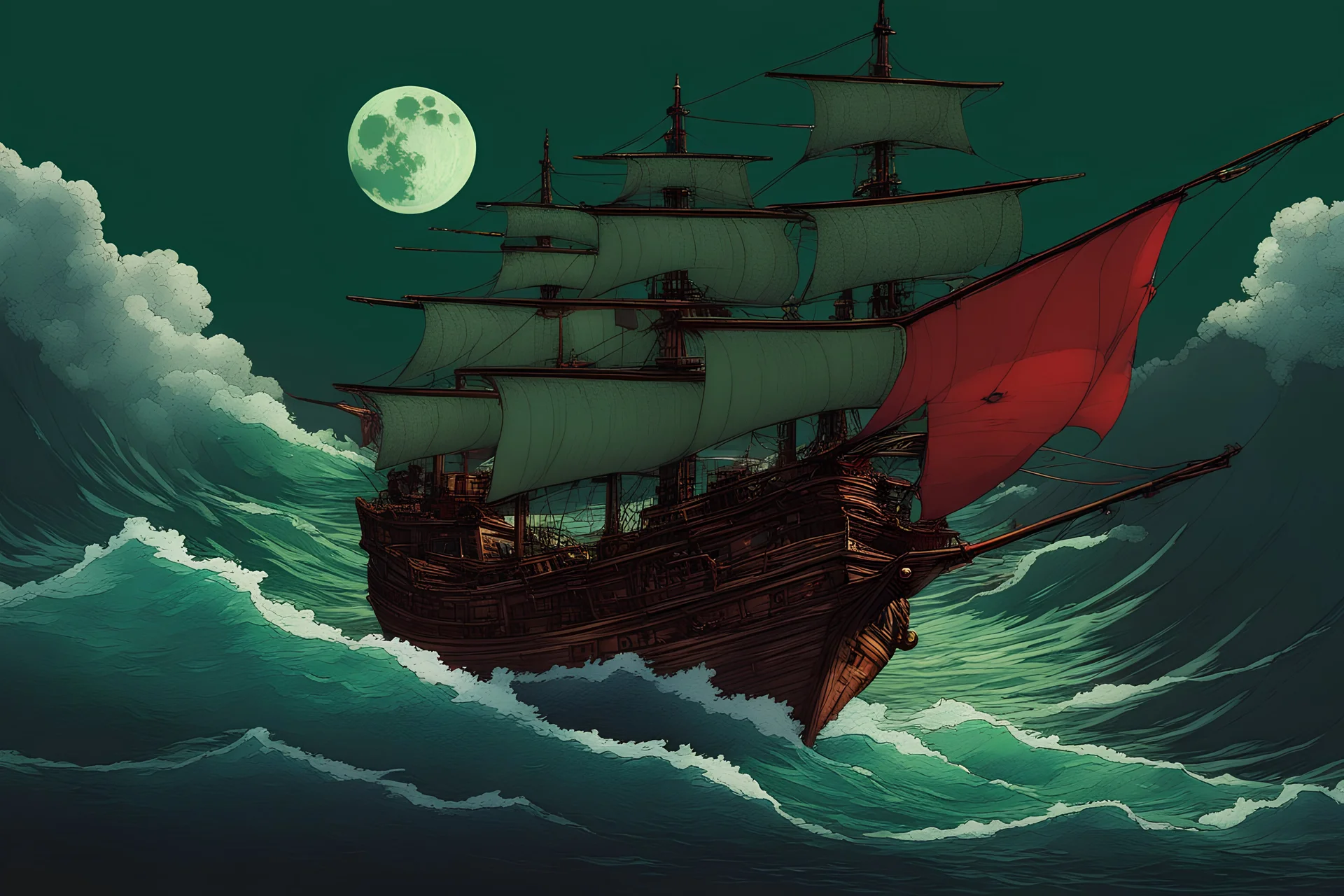 Feudal Japan ship, Spanish Galleon Japanese style, Pirate Ship, Religious full moon symbol in the sails, green and red sails, anime style, One Piece anime vibes, sailing in crystal waters, Sea background, detailed ship, 8k, anime style