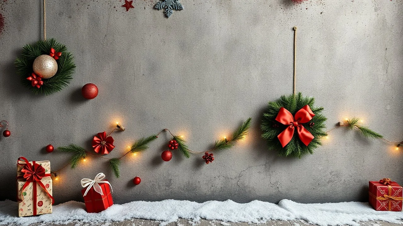 Hyper Realistic Christmas Decorations On A Grunge Rustic Wall.