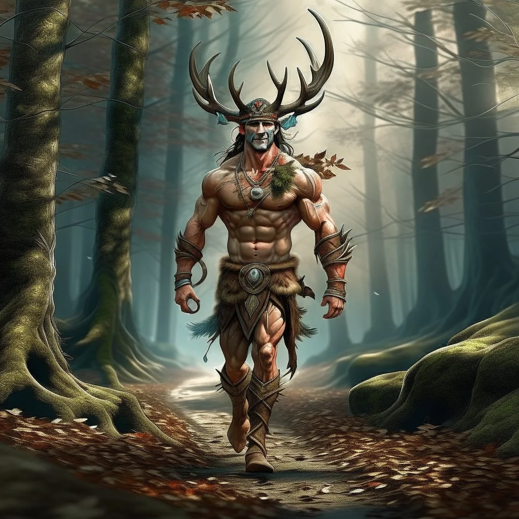 large muscular feyman with antlers walking in the woods fantasy digital art