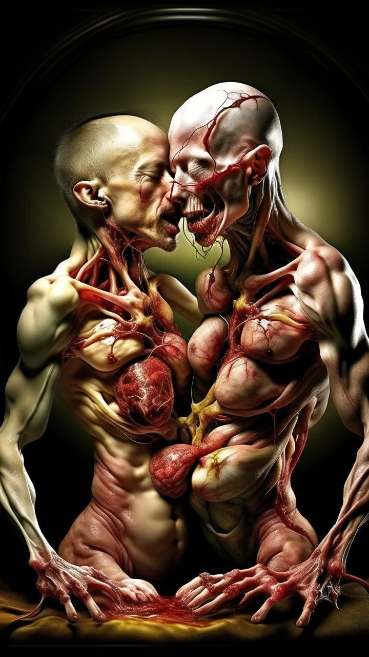 cinematic gore photorealistic fleshy dmt lsd photo of 2 conjoined mangled bodies making love, 1 soul vortex, complementary, anatomically fragmented, ripped apart again being flayed, skinned alive. A beating heart, muscles, blood vessels, bowels, entrails are exposed. anatomy. physiology. Bosch and Dali inspired hallucinations. mythology. grotesque.