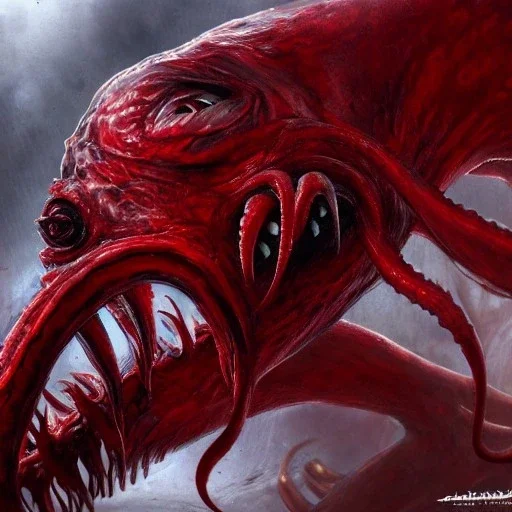 red, monster, tentacles, teeth, horror, detailed, realistic, gore, eyes, 4K, fantasy, scary, demonic, hyper realistic, huge, blood, creature