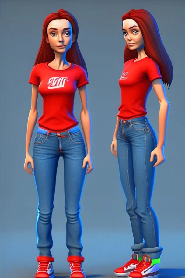 beautiful female 3d character for Animation big head lean body with Red t shirt and blue jeans with sport shoes