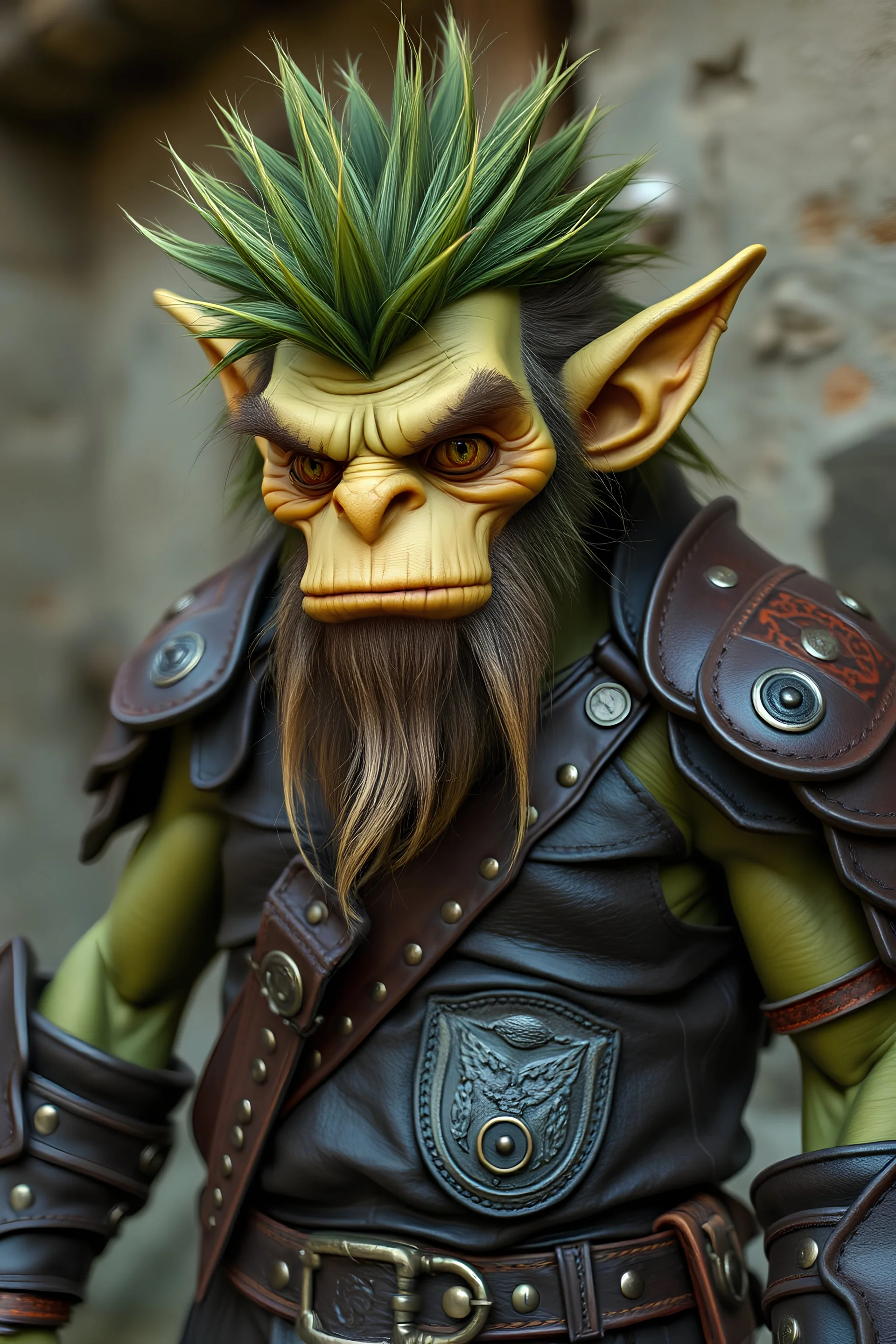 scandinavian style olive skinned lanky troll in leather armor with spiky green hair