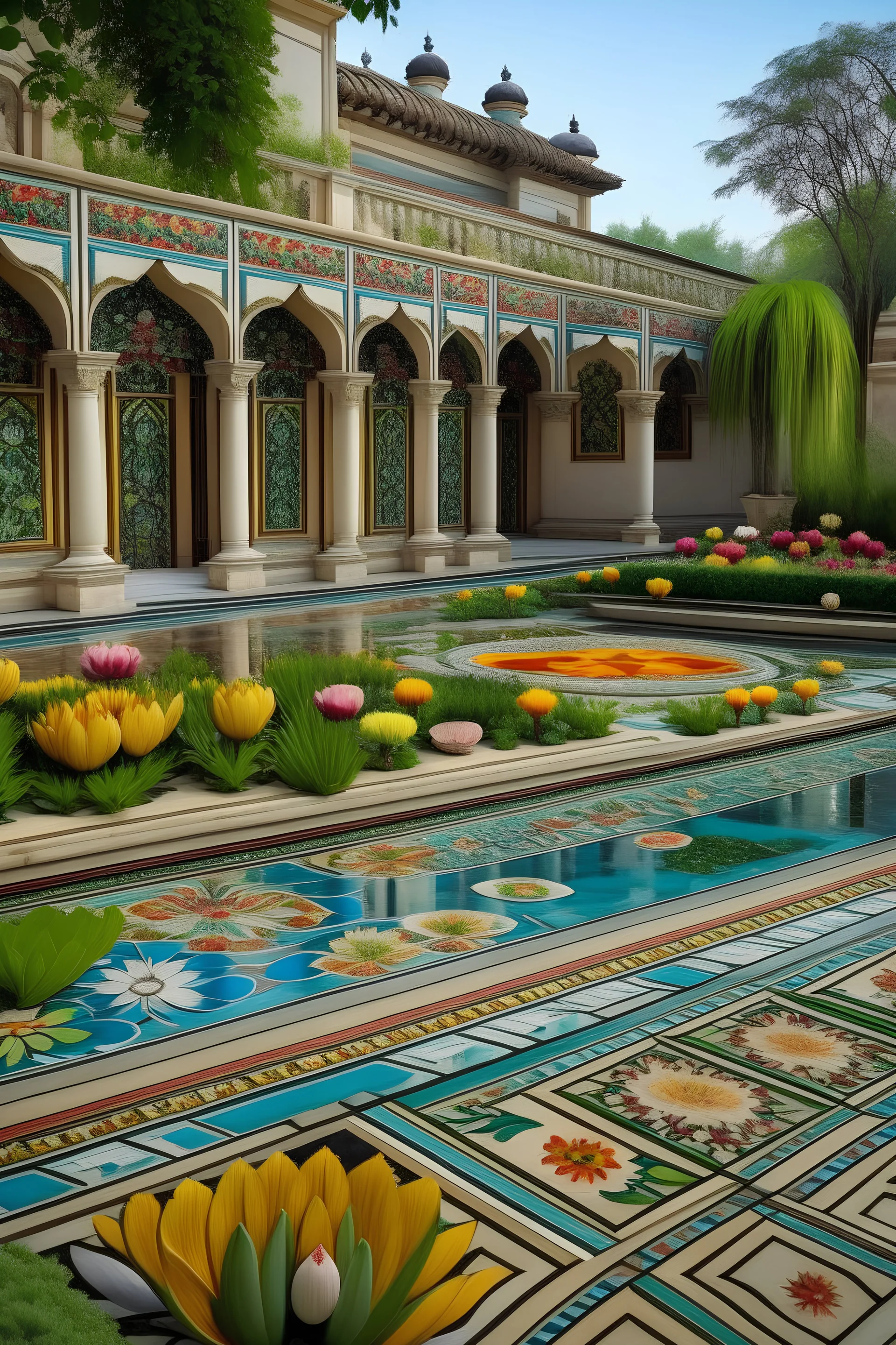 Channel the beauty of the Mughal Gardens with hand-painted representations of traditional Indian flowers like lotus, marigold, and jasmine. Incorporate intricate geometric patterns and water features.