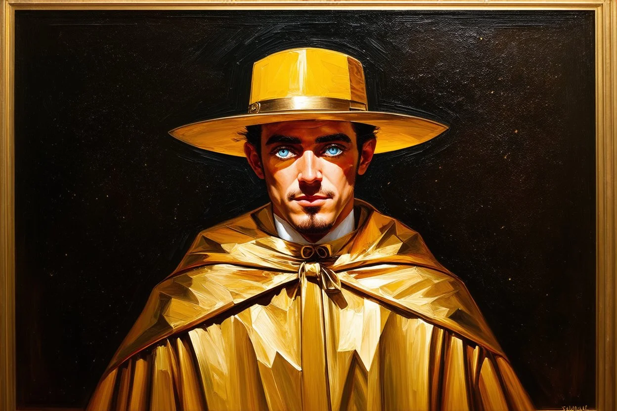 beautiful painting of a extremely handsome man in a golden cape and yellow hat, with multiple eyes on his body in the style of Gustav Klimt. full body portrait features geometric shapes, beautiful colors, golden light, and a dark background. the composition is beautiful, with sharp focus and high resolution.