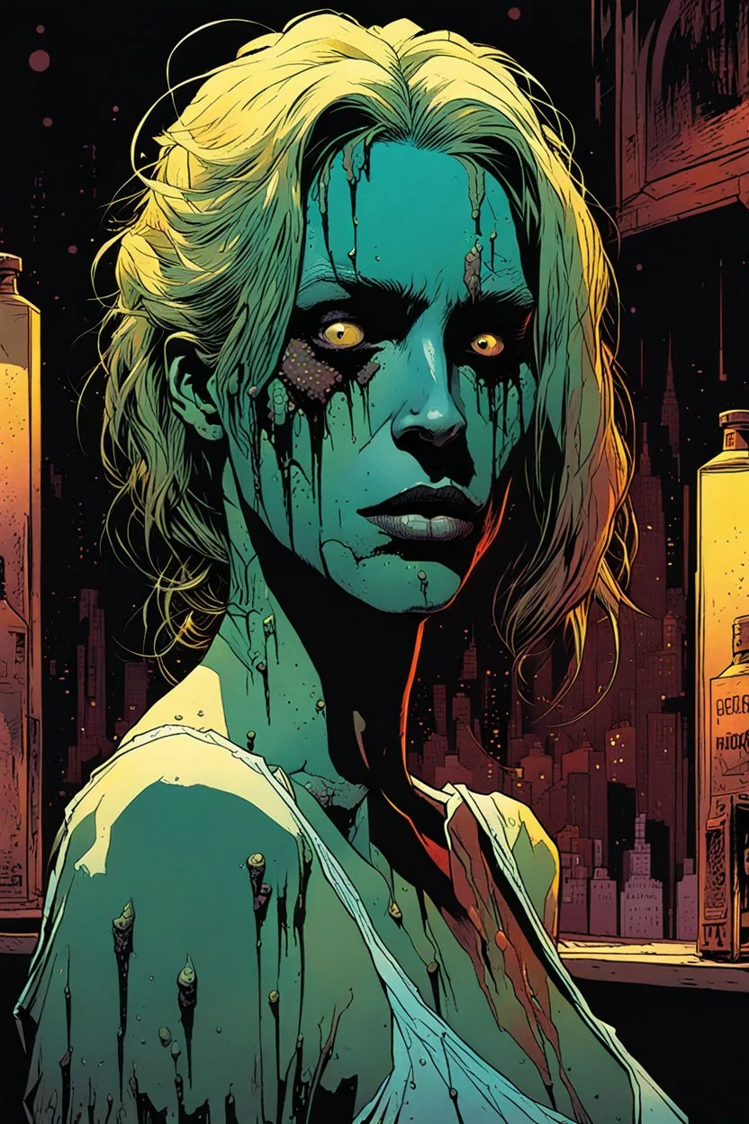 create a hardened, undead girl, finely defined but decayed facial features, tending bar in a seedy Soho jazz club, in the comic book art style of Mike Mignola, Bill Sienkiewicz and Jean Giraud Moebius, , highly detailed, grainy, gritty textures, , dramatic natural lighting