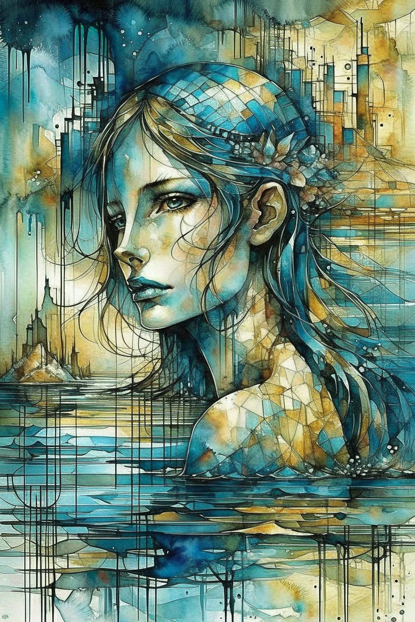 surrealistic painting depicts a woman submerged in water, with only her face visible above the surface. Her hair is dark brown with blonde highlights, and her eyes are a warm brown. Below the waterline, her torso is replaced by a skeletal ribcage entwined with translucent, organic root-like structures and dried leaves, revealing the internal decay beneath the skin. The upper part of the painting features a dilapidated, light-colored building with multiple levels and a dome, seemingly floating on