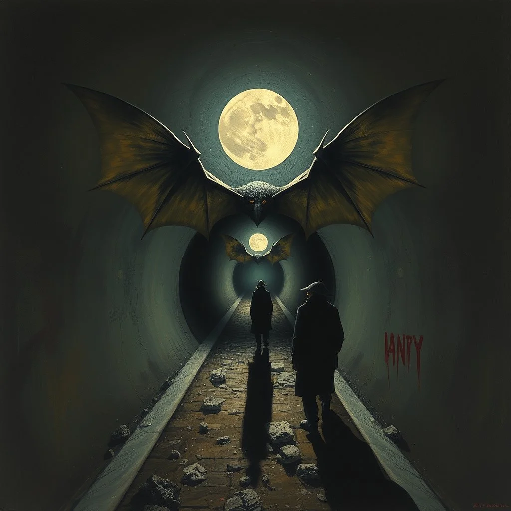 they saw you from the end of a tunnel by Bosch nightmare style.Dave McKean, inspired by the nightmare paintings of bosch by Wassily Kandinsky, double a big bat and falcon