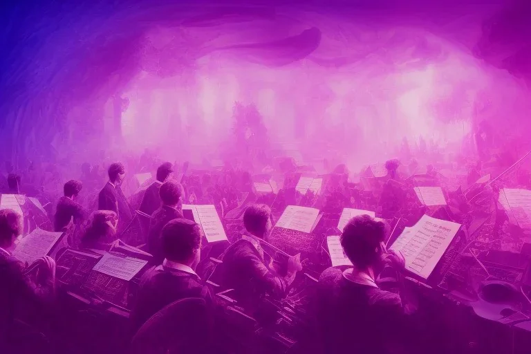 look from aboce at An orchestra playing on stage purple color scheme, high key lighting, volumetric light high details psychedelic background