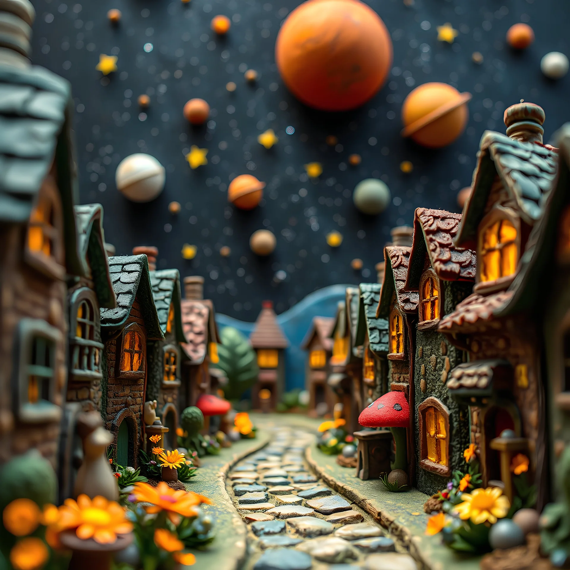 Detailed close-up street made of modeling clay and felt, village, stars, galaxy and planets, fairy, sun, volumetric light, Max Ernst, flowers, naïve, Tim Burton, strong texture, extreme detail, Yves Tanguy, decal, rich moody colors, sparkles, Harry Potter, bokeh, odd