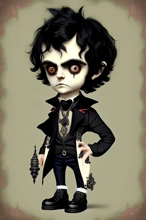 black haired black eyed young man necromancer steampunk Gnome that looks like a young Edgar Allan Poe with gothic jewelry in the style of Charles Addams