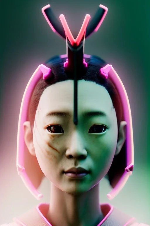 portrait, Asian cyborg woman, samurai warrior :: symmetry photography, cyberpunk style, cyborg eyes, pink hair, wires conveying, perfect eyes, samurai helmet, tiger mask, black samurai army, katana, japanese traditional ornaments, pink, white, black, glow eyes, cinematic, Ultra realistic, dark scene, soft color, highly detailed, unreal engine 5, RTX, ultra detail, 3d, finely drawn, high definition.